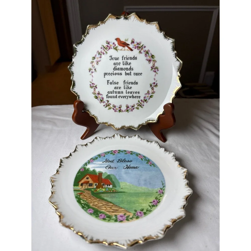Vintage God Bless Our Home & True Friends Cardinal Decorative Plates Set of 2